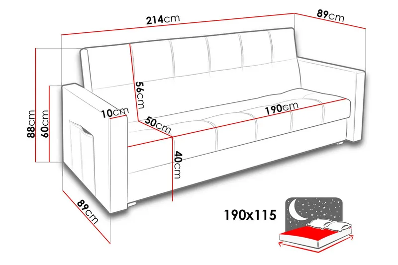 Bona 3-sits Rektangulär Längsbäddad Bäddsoffa 115x190 cm med Förvaring i Tyg - Brun - Möbler - Soffa - Bäddsoffa