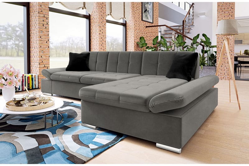 Branstad Bäddbar Hörnsoffa Högervänd 129x240 cm med Förvaring i Sammet - Grå - Möbler - Soffa - Bäddsoffa