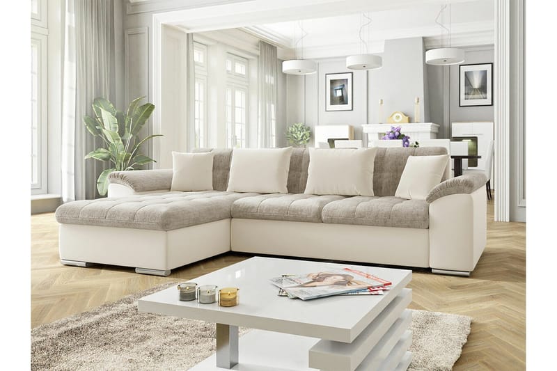 Camior 3-sits Vänster Bäddsoffa i Chenille med Konstläderunderrede - Ljusbeige - Möbler - Soffa - B äddsoffa