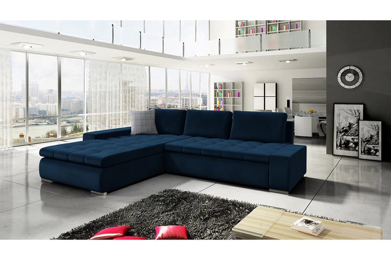 Cerys Bäddbar Hörnsoffa Universal 140x252 cm med Förvaring i Tyg - Blå - Möbler - Soffa - Bäddsoffa