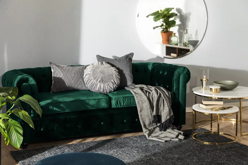 Chesterfield Lyx 3-sits Framåtbäddad bäddsoffa i sammet - Grön - Möbler - Soffa - Bäddsoffa