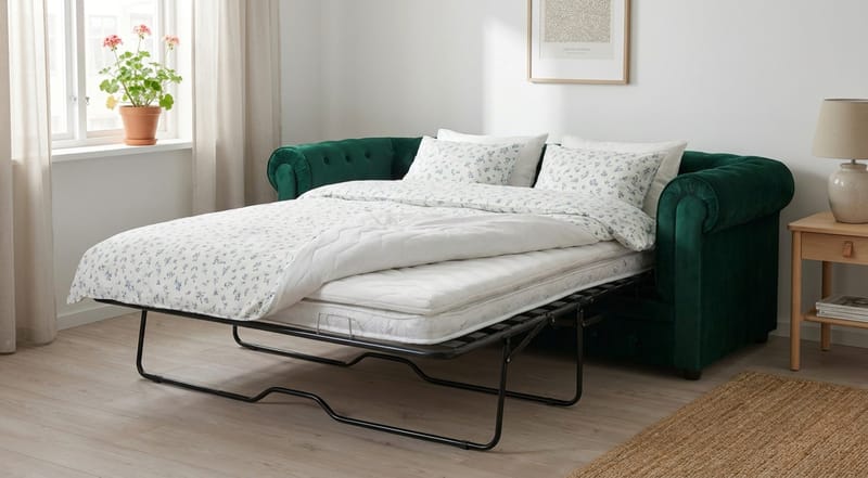 Chesterfield Lyx 3-sits Framåtbäddad Bäddsoffa med HVILA Bäddmadrass 140x200 cm Polyesterskum Vändbar Sommar & Vintersida och Tvättbar klädsel - Grön/Vit - Möbler - Soffa - Bäddsoffa - Bäddsoffa 3 sits