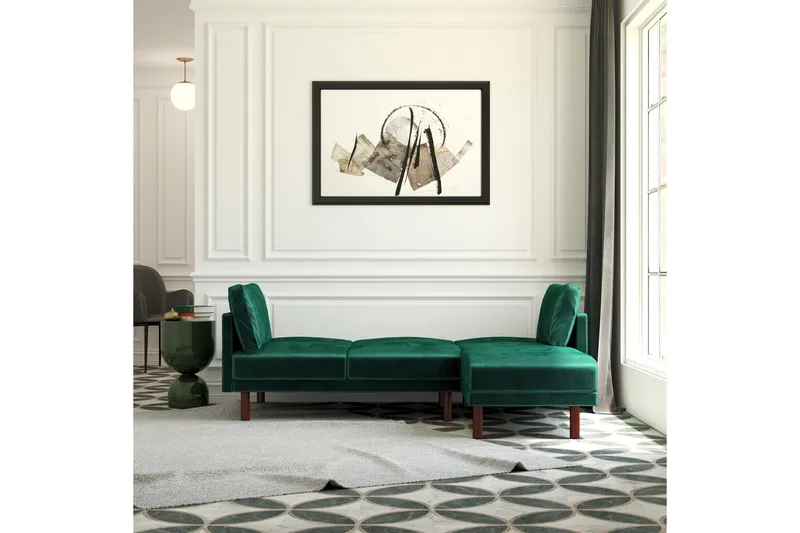 Clair 3-sits Bäddsoffa med Schäslong Ställbar Sammet/Grön/Tr - Dorel Home - Möbler - Soffa - Bäddsoffa - Längsbäddad bäddsoffa