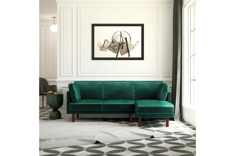 Clair 3-sits Bäddsoffa med Schäslong Ställbar Sammet/Grön/Tr - Dorel Home - Möbler - Soffa - Bäddsoffa - Längsbäddad bäddsoffa