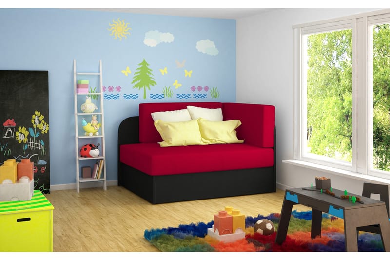 Crenviz 1-sits Kompakt Längsbäddad Bäddsoffa 73x166 cm i Plysch, Röd|Svart