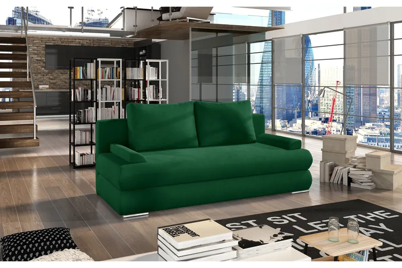 Crespos 2-sits Längsbäddad Bäddsoffa 140x200 cm med Förvaring i Plysch - Grön - Möbler - Soffa - Bäddsoffa