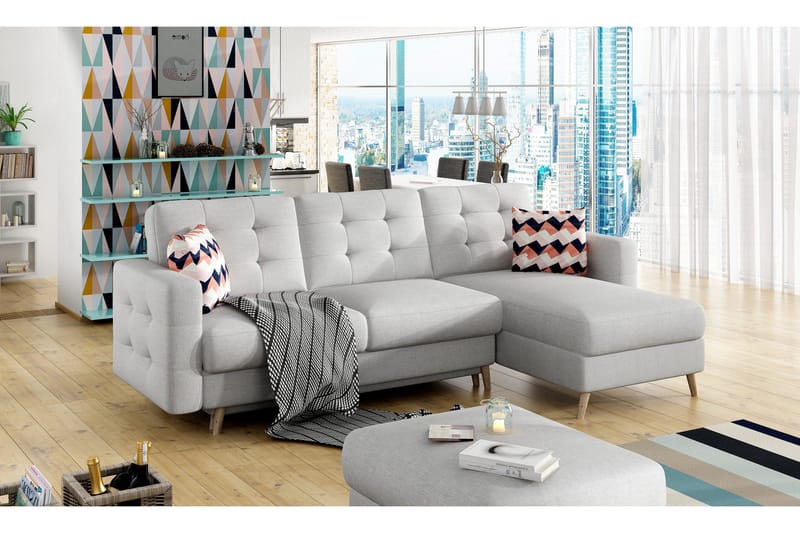 Deadra 3-sits Höger Längsbäddad Bäddsoffa 120x210 cm med Förvaring i Tyg, Grå