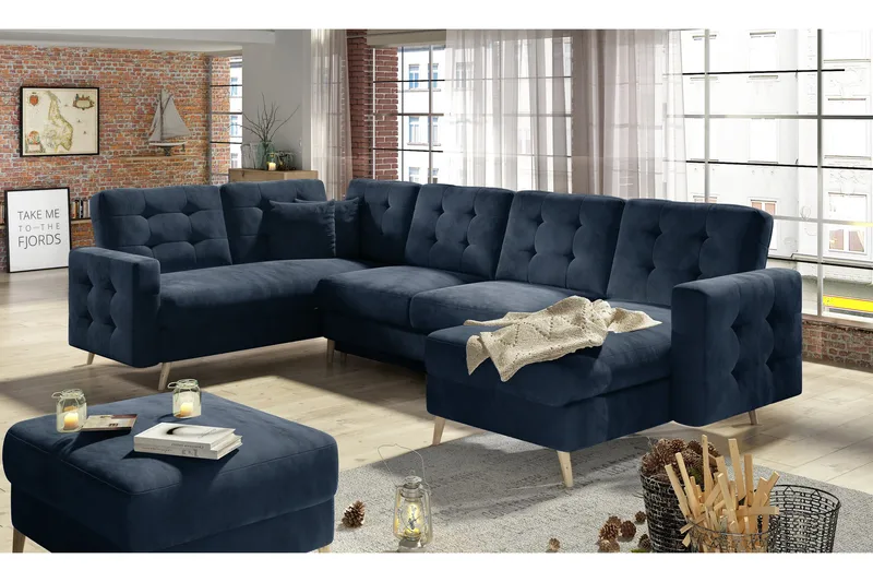 Deadra U-formad Längsbäddad Bäddsoffa 120x282 cm med Förvaring i Plysch, Blå