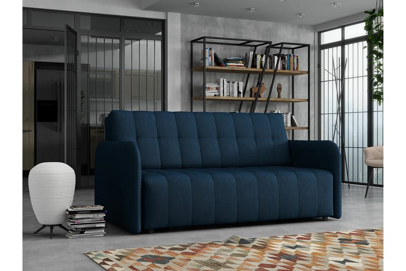 Denegal liten 3-sits Bäddsoffa Framåtbäddad i Plysch - Mörkblå - Möbler - Soffa - Bäddsoffa