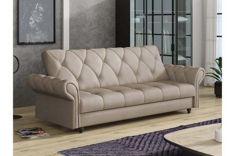 Denegal liten 3-sits Bäddsoffa Längsbäddad i Plysch - Ljusbrun - Möbler - Soffa - Bäddsoffa