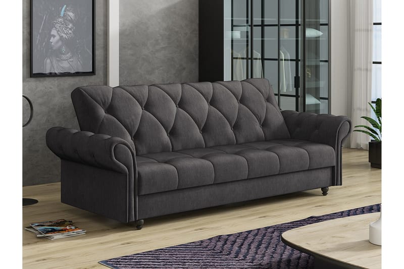 Denegal liten 3-sits Bäddsoffa Längsbäddad i Plysch - Mörkbrun - Möbler - Soffa - Bäddsoffa