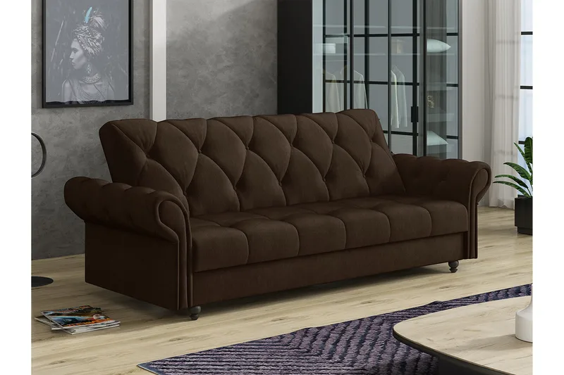 Denegal liten 3-sits Bäddsoffa Längsbäddad i Plysch - Mörkbrun - Möbler - Soffa - Bäddsoffa