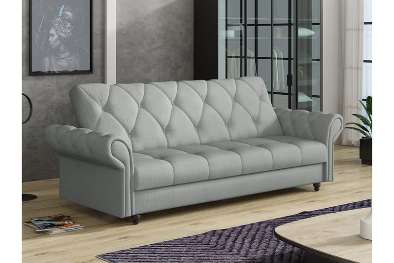 Denegal liten 3-sits Bäddsoffa Längsbäddad i Plysch - Ljusgrå - Möbler - Soffa - Bäddsoffa