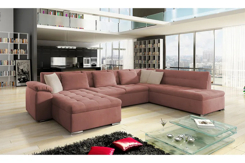 Dynir Bäddsoffa m. Divan och Schäslong 4-sits med Förvaring, Rosa