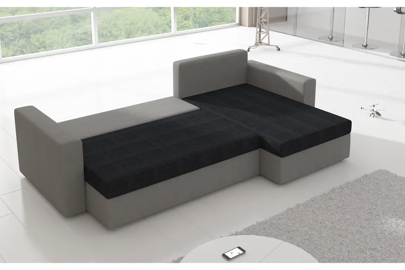 Eguino 3-sits Höger Hörnbäddsoffa i Tyg med Konstläderunderrede - Grå|Svart - Möbler - Soffa - Bäddsoffa