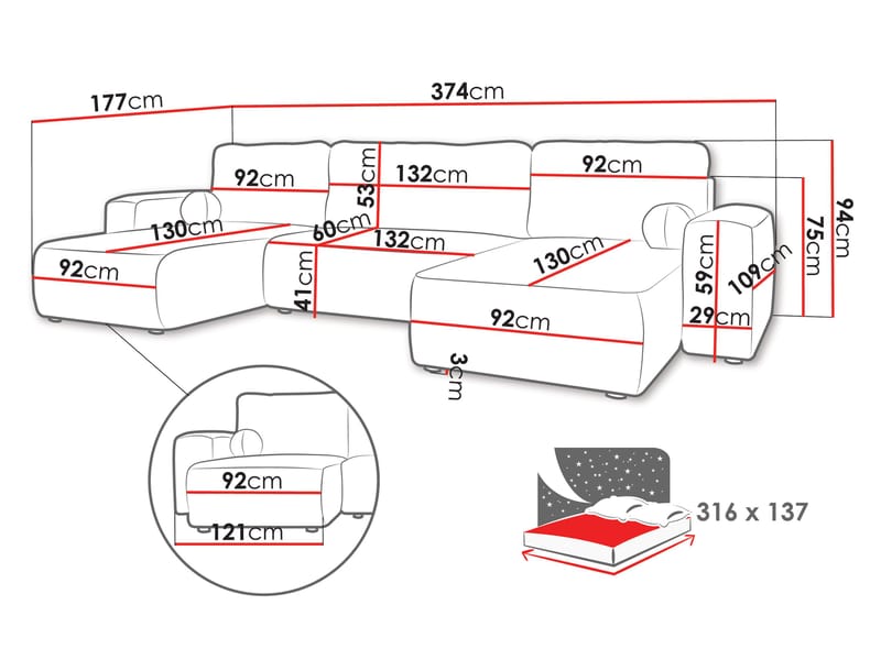 Elvior 5-sits U-formad bäddsoffa med dubbeldivan - vit - Möbler - Soffa - Bäddsoffa