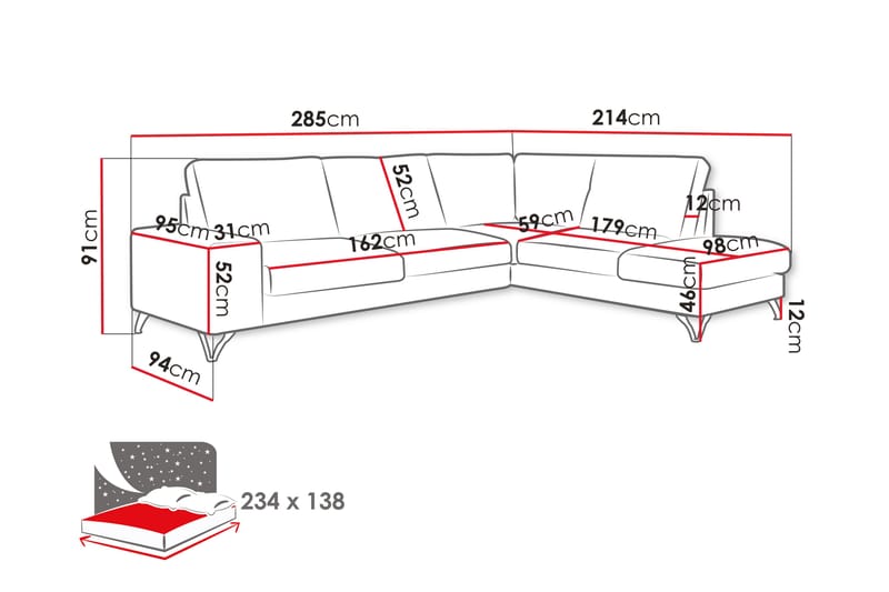 Emet Bäddsoffa med Schäslong 4-sits - Grå - Möbler - Soffa - Bäddsoffa
