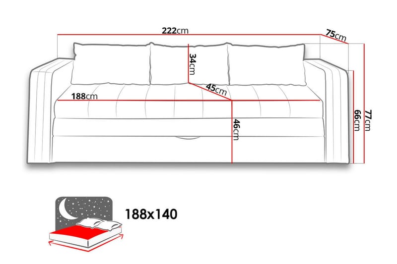 Euforia 3-sits Utdragbar Bäddsoffa 140x188 cm med Förvaring i Tyg - Antracit - Möbler - Soffa - Bäddsoffa