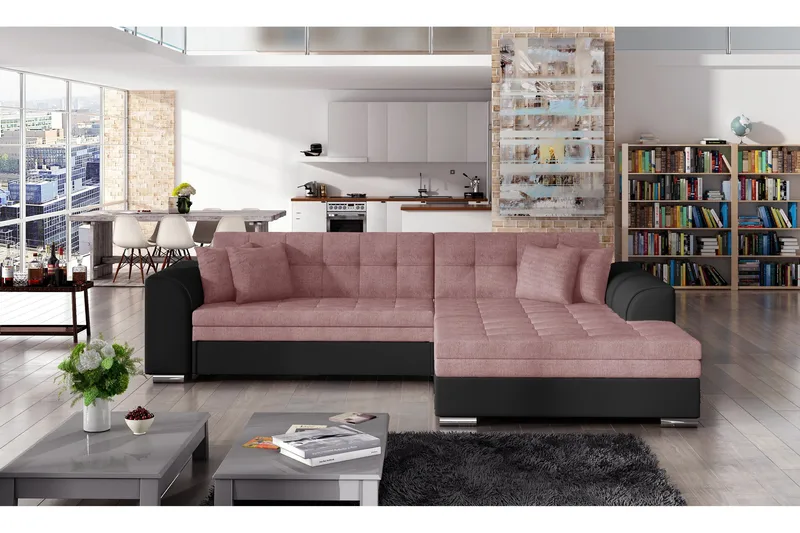 Falseti 3-Sits L-Formad Bäddsoffa Längsbäddad 125 cm i Tyg och Läder, Rosa|Svart