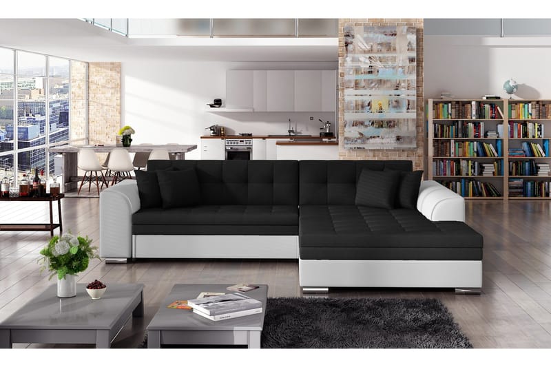 Falseti 3-Sits Vänstervänd L-Formad Bäddsoffa Längsbäddad 126 cm i Tyg och Läder, Svart|Vit