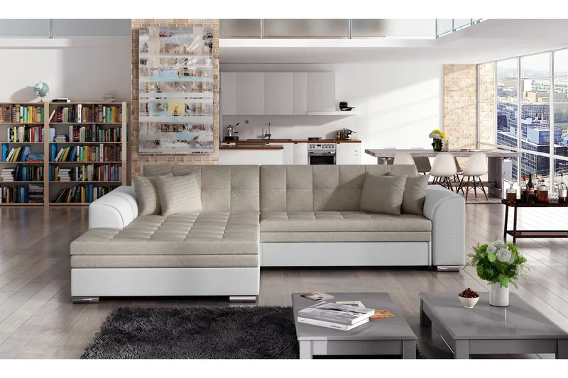 Falseti Vänstervänd L-Formad Bäddsoffa Längsbäddad 126 cm i Läder, Beige|Vit