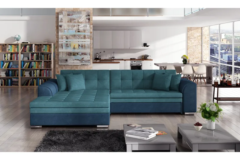 Falseti Vänstervänd L-Formad Bäddsoffa Längsbäddad 126 cm i Tyg, Blå