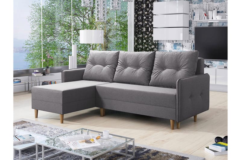 Fernisia 3-sits Vänster Hörnbäddsoffa med Förvaring i Tyg - Grå - Möbler - Soffa - Bäddsoffa