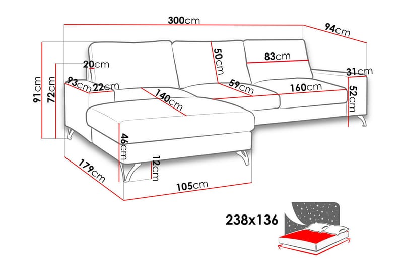 Flavio Divanbäddsoffa 300x94x91 cm - Grå - Bäddsoffa - Bäddsoffa divan