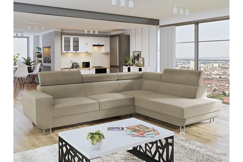 Fonti 4-sits Högervänd L-formad Bäddsoffa med Förvaring i Plysch - Beige - Möbler - Soffa - Bäddsoffa