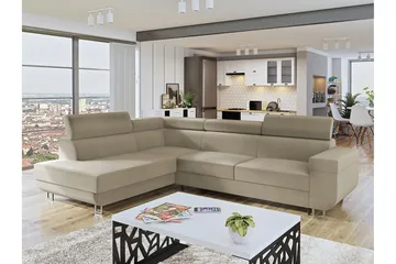 Fonti 4-sits Vänstervänd L-formad Bäddsoffa med Förvaring i Plysch - Beige - Möbler - Soffa - Bäddsoffa