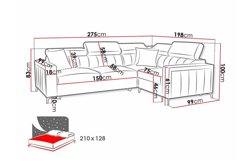 Galbally 3-sits Hörnbäddsoffa NO_BRAND Dark pink - Möbler - Soffa - Bäddsoffa