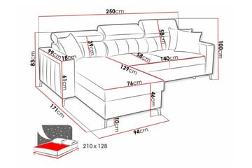 Galbally 3-sits Hörnbäddsoffa Vänster 250x171 cm med Förvaring i Sammet - Ljusrosa - Möbler - Soffa - Bäddsoffa