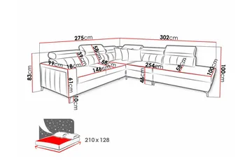 Galbally 4-sits Vänster Hörnbäddsoffa 128x210 cm med Förvaring i Sammet - Grå - Möbler - Soffa - Bäddsoffa