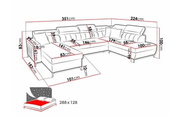 Galbally 5-sits U-formad Hörnbäddsoffa 128x288 cm med Förvaring i Sammet - Grå - Möbler - Soffa - Bäddsoffa