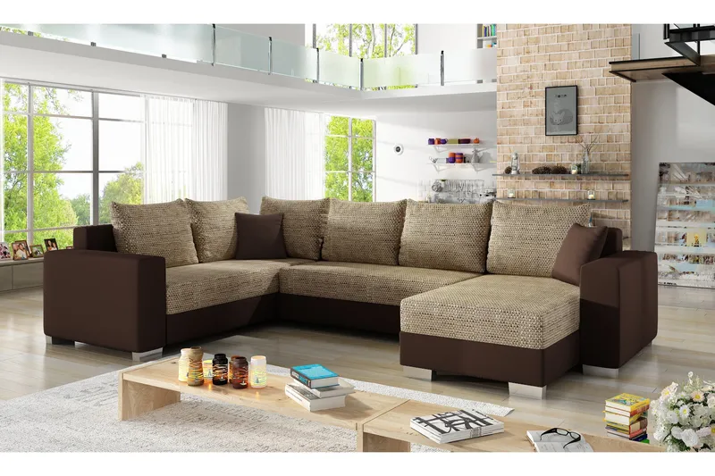 Gallicanta 4-sits Höger U-formad Hörnbäddsoffa i Tyg och Läder, Beige|Brun
