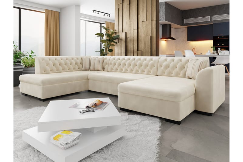 Gerada 4-sits Bäddsoffa med Divan och Schäslong Höger Förvar - Sammet/Beige - Möbler - Soffa - Bäddsoffa