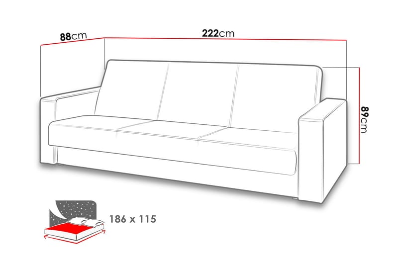 Gordia Bäddsoffa 222x88x89 cm - Grå/Lila - Bäddsoffa - Skinnsoffor - Bäddsoffa 3 sits