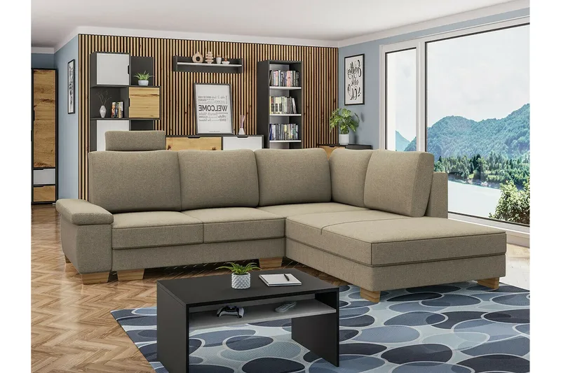 Graystone 3-sits Höger Hörnbäddsoffa 130x203 cm med Förvaring i Tyg - Beige - Möbler - Soffa - Bäddsoffa