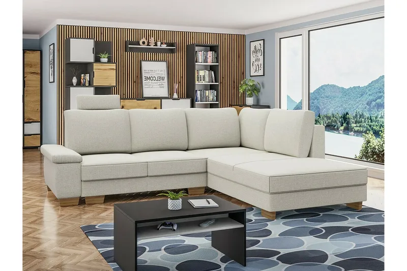 Graystone 3-sits Höger Hörnbäddsoffa 130x203 cm med Förvaring i Tyg - Ljusbeige - Möbler - Soffa - Bäddsoffa