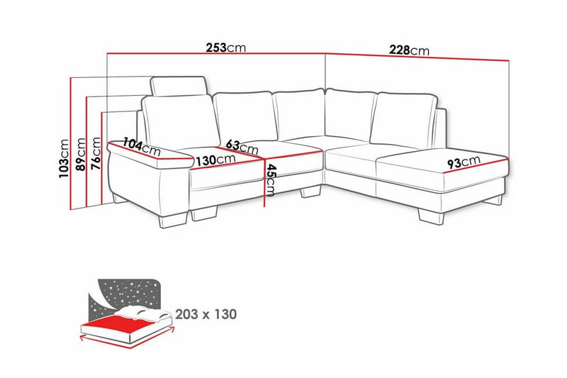 Graystone 3-sits Vänster Hörnbäddsoffa 130x203 cm med Förvaring i Tyg - Grå - Möbler - Soffa - Bäddsoffa
