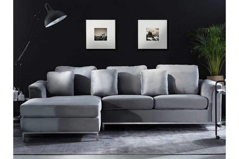 Hörnsoffa 4-sits H med sovfunktion sammet grå OSLO - Grå - Möbler - Soffa - Bäddsoffa