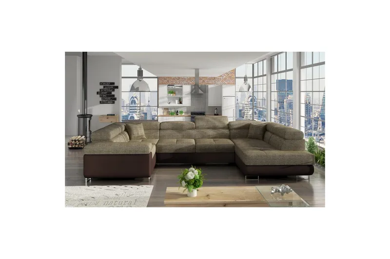Hörnsoffa Eltap Letto 340x202x90 cm - Berlin 03, Mjuk 66, Beige, Mörkbrun, Höger - Möbler - Soffa - Bäddsoffa