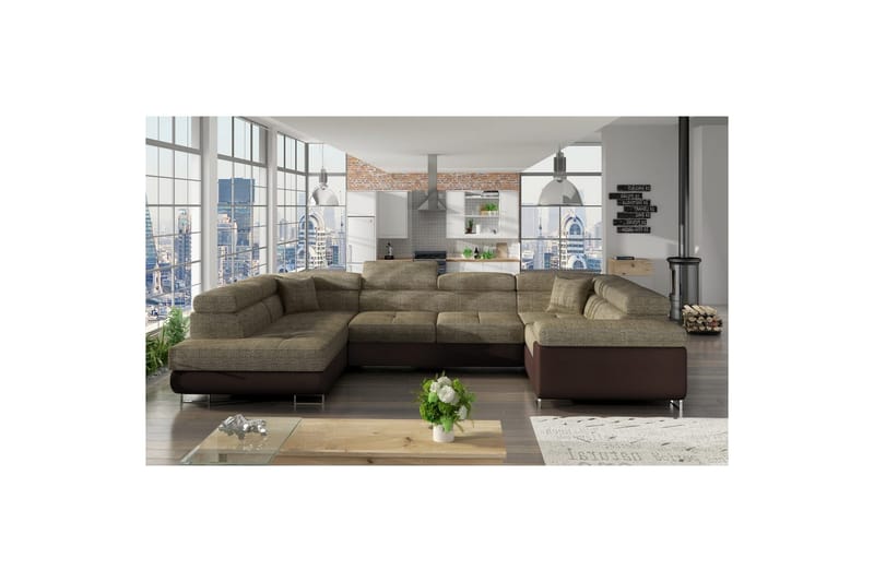 Hörnsoffa Eltap Letto 340x202x90 cm - Berlin 03, Mjuk 66, Beige, Mörkbrun, Vänster - Möbler - Soffa - Bäddsoffa