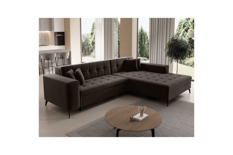 Hörnsoffa Eltap Solange 292x196x84 cm - Mat Velvet 29, Mörkbrun, Höger - Möbler - Soffa - Bäddsoffa