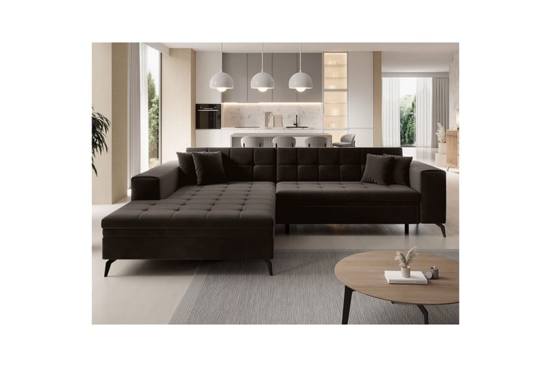 Hörnsoffa Eltap Solange 292x196x84 cm - Mat Velvet 29, Mörkbrun, Vänster - Möbler - Soffa - Bäddsoffa