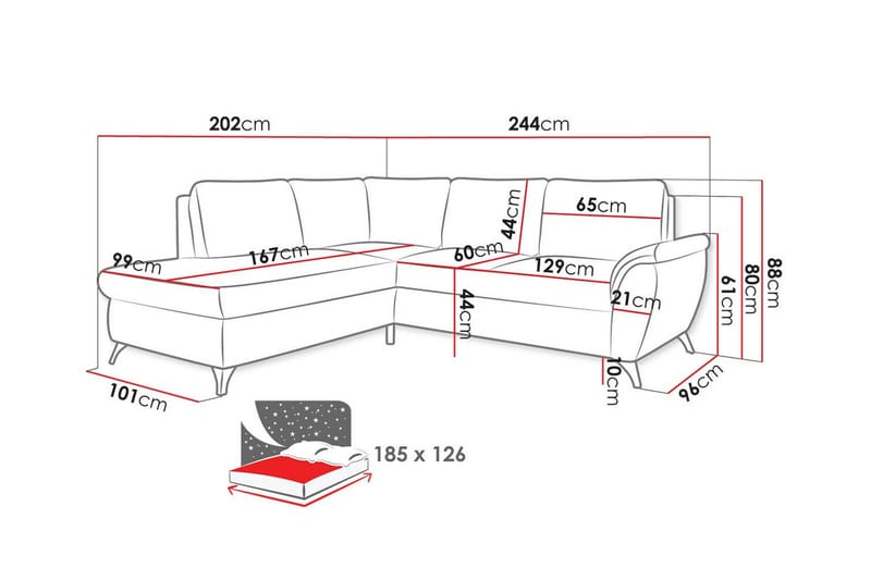 Hereford 3-sits Vänster Hörnbäddsoffa 126x185 cm med Förvaring i Tyg - Gräddvit - Möbler - Soffa - Bäddsoffa