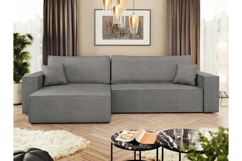 Hobson Bäddsoffa med Divan 3-sits i Plysch - Grå - Möbler - Soffa - Bäddsoffa