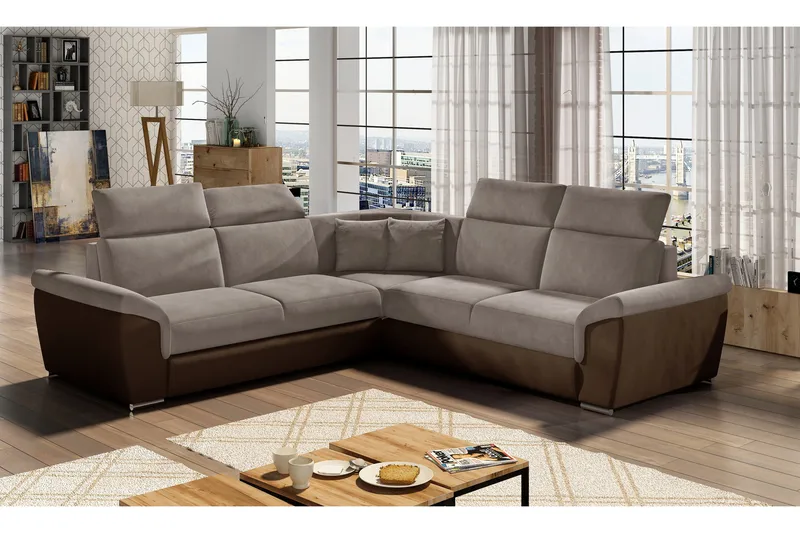 Isakke 4-sits Hörnbäddsoffa 120x200 cm i Tyg, Gråbeige med Konstläderunderrede