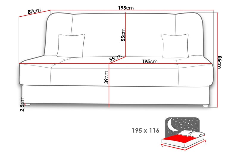 Jonas Bäddsoffa 195x87x86 cm - Röd/svart - Bäddsoffa - Bäddsoffa 3 sits - Sammetssoffa