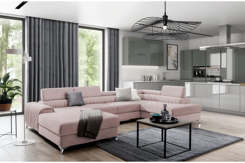 Kamran Bäddsoffa m. Divan och Schäslong med Förvaring - Ljusrosa - Möbler - Soffa - Bäddsoffa